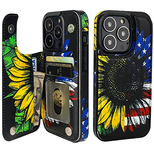 Image of HAOPINSH for iPhone 13 Pro Case Wallet with Card Holder, American Flag Sunflowers Pattern Back Flip Folio PU Leather Kickstand Card Slots Case for Women Girls, Double Magnetic Clasp Cover 6.1 inch