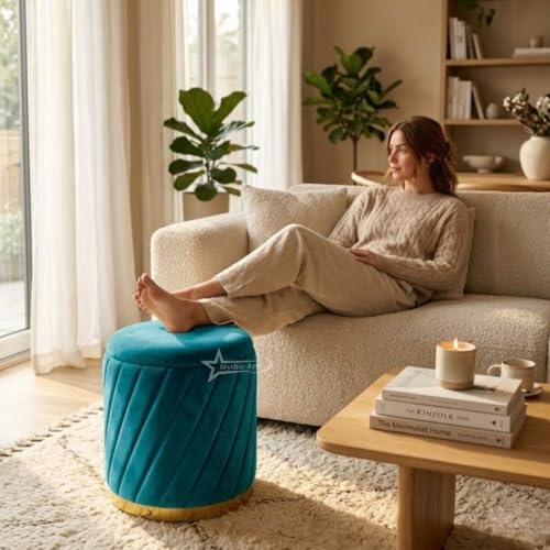Image of Mythic ArtsRound Upholstered Sitting Stool & Footrest Velvet Storage Ottoman Pouffe13 X 13X 16 inch | Versatile Puffy for Living Room, Bedroom, and Office ? Chic Home Furnishings & Dcor Aqua