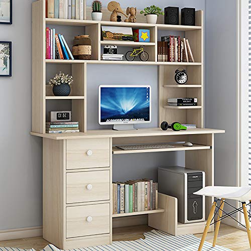 XM&LZ 43inches Computer Desk with Hutch and Bookshelf,Modern Simple Study Table with Keyboard Tray & 3 Drawers,Laptop PC Table for Home Office-Beige 110x45x153cm(43x18x60inch)