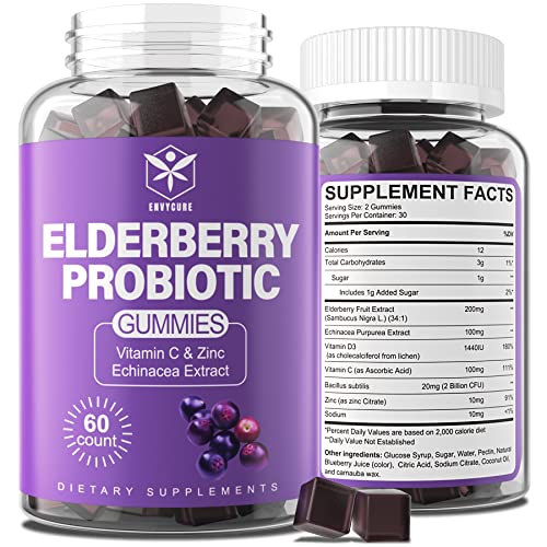 EnvyCure 2 Pack Immune Support Booster Gummies with Probiotics, Vitamin D3 1500IU, Zinc, Elderberry, Echinacea - Gut-Brain Axis, Lungs, Immune System and Skin for Adults & Teens - Berry Flavored