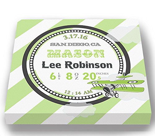 Personalized Stretched Canvas Birth Announcement Gift, Custom Baby Name, Date, Weight Stats, Newborn Airplane Nursery Wall Art Decor, Wooden Frame Construction, Ready to Hang 24X24