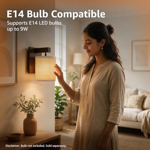 Image of Amazon Basics Rattan Dark Weave Wall Lamp | Natural Rattan Shade with Mango Wood Bracket | E14 Holder | Decorative Wall Light for Bedroom, Living Room & Home Decor