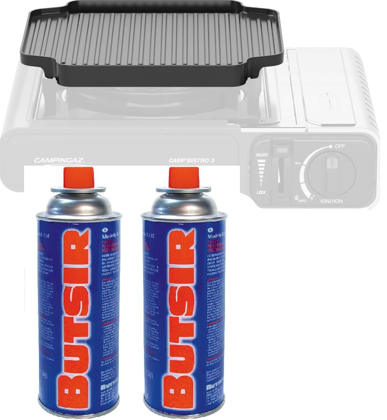 FYSHOP Pack Cocina Camping: Plancha Campingaz Camp’Bistro Grill Plate + 2 Cartuchos Gas Butsir (227 g) – Compatible con Estufas Portátiles – Cocina Outdoor Todo en Uno