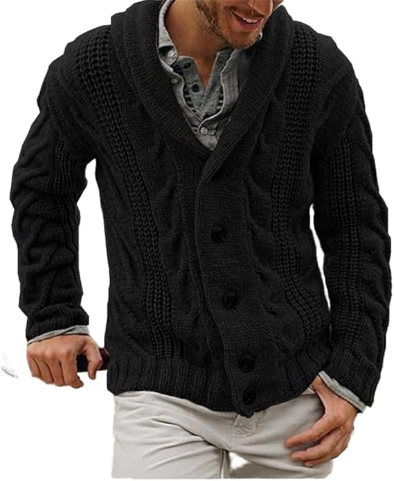 Mens Casual Button Down Cardigan Cable Knitted Sweaters Oversize Shawl Collar Long Sleeve Open Front Warm Sweater
