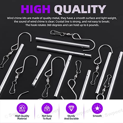 Swpeet 60Pcs Wind Chime Tubes Kit with 100 Yard Wire and Swivel Hooks, Wind Chime Part Kit, Silver - Image 3