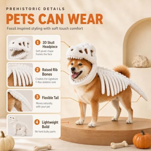 Dog Dinosaur Skeleton Costume, Funny Halloween Pet Costume for Dogs, T-Rex 3D Glow in The Dark Dino Outfit for Small Medium Large Dogs & Cats, Cute Animal Cosplay Clothes ,Grayish White:M:13.8 in - 3