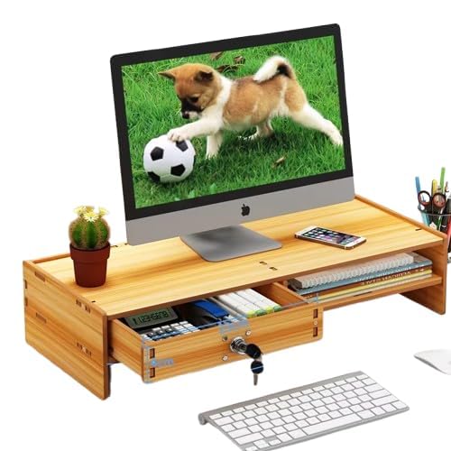 Image of VBM Monitor Riser Stand Bamboo Computer Laptop, Printer, PC with Storage Slot Adjustable Desktop Stand For Home , Office (Monitor Stand (Lock) 3 Box)