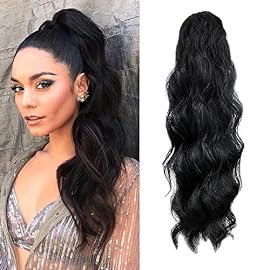 KETHBE 24 Inch Long Body Wave Ponytail hair Extension Synthetic Heat Resistant Wrap Around Drawstring Curly Wavy Ponytail Hairpieces for Women(Black)