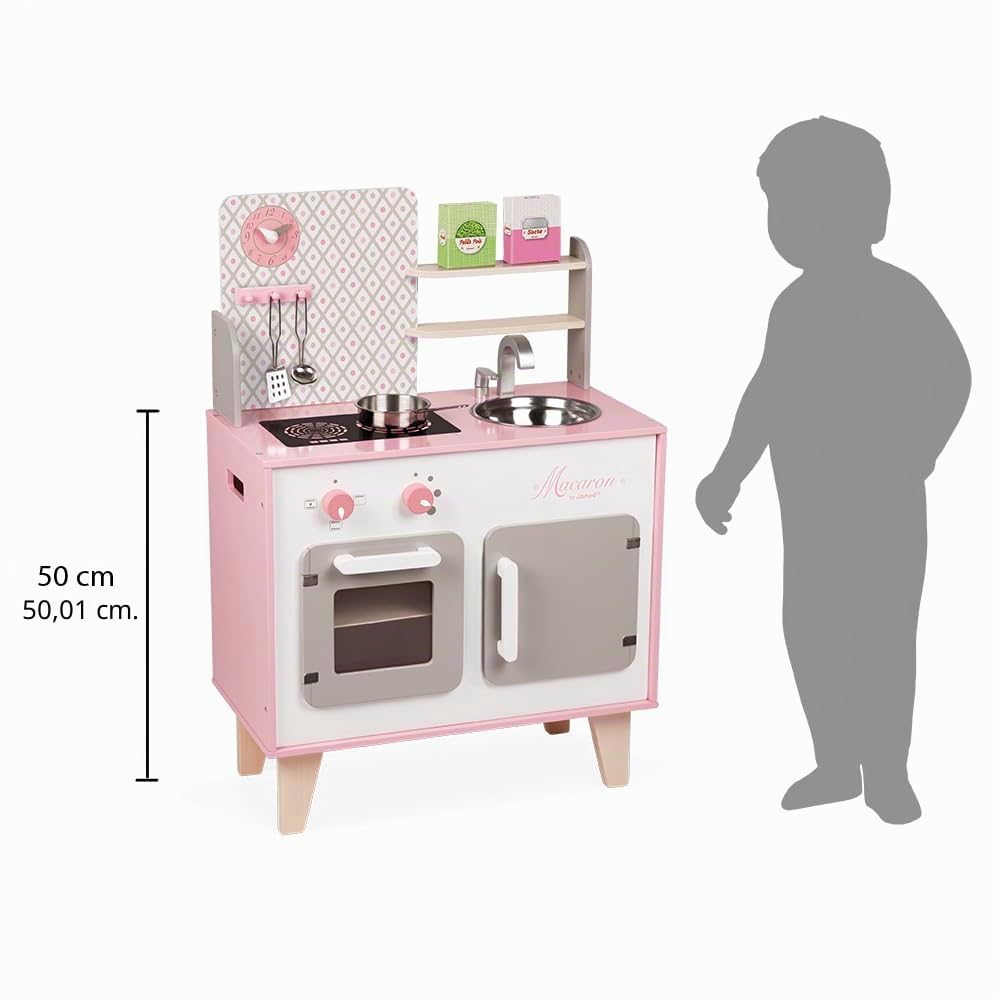 Janod - Cocina Infantil de Madera Macaron - Equipada con Nevera y Microondas - Con Sonidos - Imitación y Desarrollo - 5 Accesorios Incluidos - Desde 3 años, J06567, Rosa y Blanco