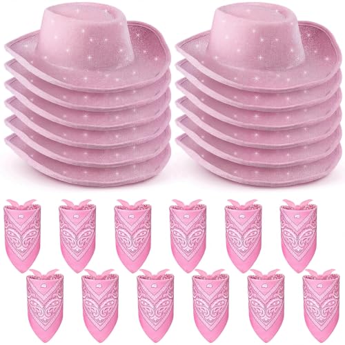 Image of Coume 24 Pieces Cowboy Hats and Bandanas, Glitter Pink