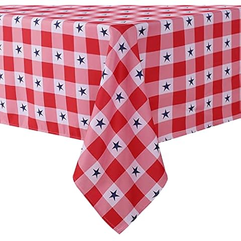 LUSHVIDA American Checkered Rectangle Table Cloth, Polyester Stars Patriotic Plaid Tablecloth, Table Cover Protector for July 4th Independence Day Party Supply Decor, 60 x 84 Inch Cover