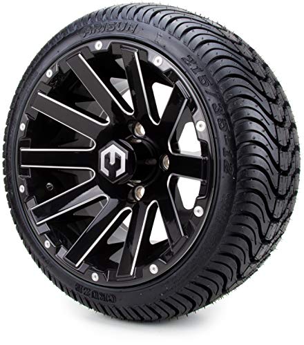 12  MODZ Mauler Glossy Black Ball Mill Golf Cart Wheels and Low Profile Tires Combo Set of 4