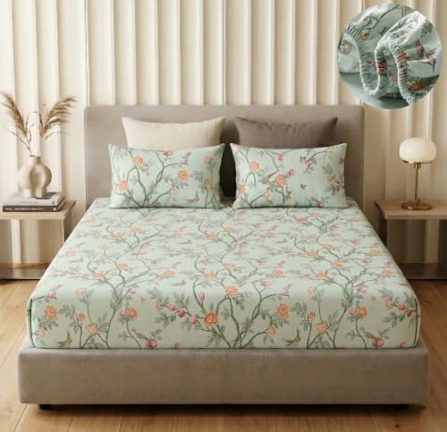 Image of VAS COLLECTIONS King Size Cotton Fitted Bedsheet (78 x 72 + 14 Inches) with Deep Pocket | 220 TC Soft Breathable Wrinkle Free Elastic Bed Sheet for King Mattress | (Light Green)