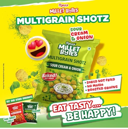 Image of Manna Multigrain Snacks, Pack of 10, Sour Cream & Onion Baked, No Palm Oil, No Maida Millet Bytes Multigrain Shotz
