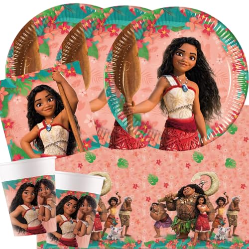 Procos Party-Set Vaiana 37-teilig Pappteller Pappbecher Servietten Tischdecke für Kindergeburtstag