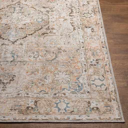 Image of Kemer Collection Machine Washable Area Rug for Living Room Bedroom - Vintage Distressed Faded - Traditional Boho Bohemian Farmhouse Bordered Carpet - Pet Friendly-Brown,Burnt Orange,Beige - 8'10 inchx12'