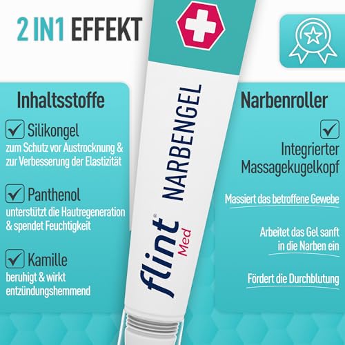 flint Med Narbengel – Narbensalbe mit integriertem Narbenroller, macht Narben geschmeidiger und glatter, für frische und alte Narben, vegan, transparent und hautpflegend, 17 ml