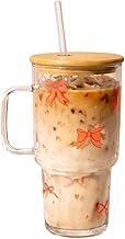 Bow Glass Tumbler with Handle & Lid 1000ml | Iced Coffee Cup with Straw | Reusable Glass Mug for Cold & Hot Drinks Bow Design Iced Coffee Cup for Smoothies, Tea, Juice & Travel