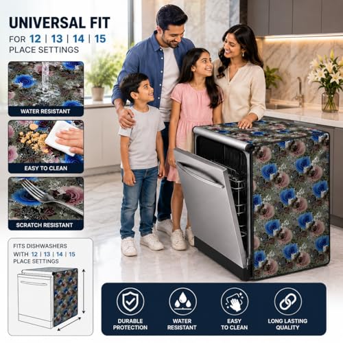 Image of Waterproof Dishwasher Cover for 12 to 15 Place Setting | Suitable with Bosch, LG, IFB, Hafele, Faber & More | Dustproof Appliance Protector Zip Cover Universal Fit-(63X63X88cms Design 6)