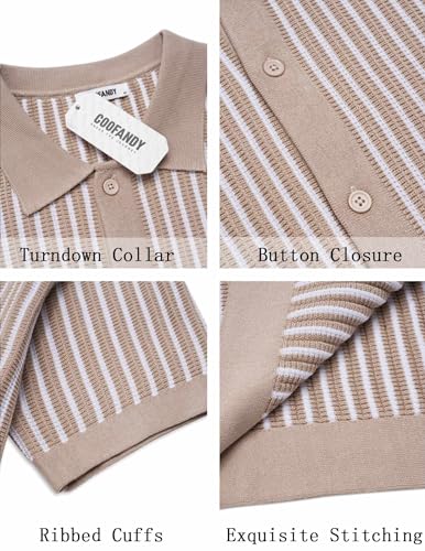 Image of COOFANDY Mens Knit Button Down Shirts Short Sleeve Polo Shirt Vintage Striped Casual Shirts
