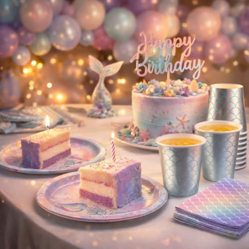 Image of Wanna Party 40Pcs Mermaid Theme Birthday Decorations Under the Sea Party Tableware Includes Mermaid Plates, Mermaid Napkins and Mermaid Cups for Mermaid Theme Party Decorations