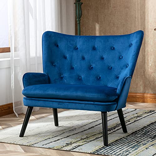 Pvillez Modern Accent Chair Velvet Wingback Chair Upholstered Small Loveseat Sofa With Tufted Button High Back Comfortable 2-Seat Sofa Couch Armchair For Living Room Bedroom Waiting Room Navy #TOP19