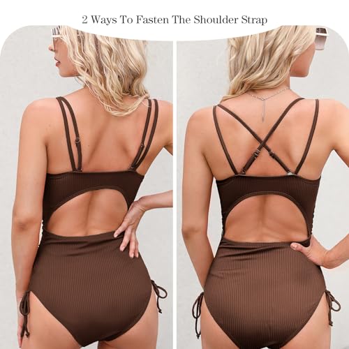 meioro Women's Ribbed Ruched Swimsuit V Neck One Piece Swimming Costume, Dept Tummy Control Drawstring High Cut Swimwear4