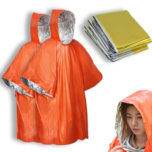 Image of 4X Survival Gear kit, Emergency Poncho (2pc), Emergency Space Blanket (2pc), Mylar Liner - Retains 92% Body Heat, for Outdoors, Hiking, Camping, Bug Out Bag, Marathons or First Aid, Car (Orange)