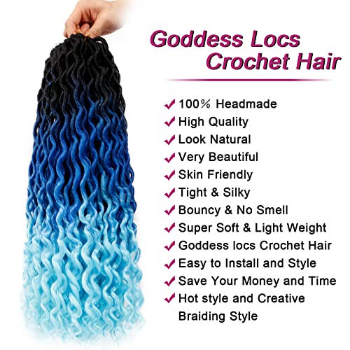 6 Packs Curly Faux Locs Crochet Hair For Black Women, 20 Inch New Goddess Locs Crochet Hair With Curly Ends, Ombre Blue Wavy Faux Locs Synthetic Braids Hair Extensions (20Inch,1B/Sapphire/Blue#) #TOP1