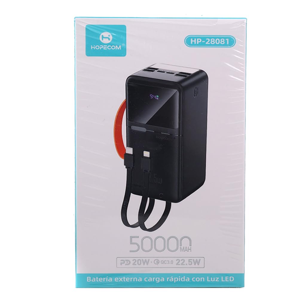 Power Bank de 50000mAh con Carga rápida, batería Externa de Gran Capacidad con Cable USB‑C Integrado y Pantalla LED 6 Salidas, Linterna, batería portátil para Camping