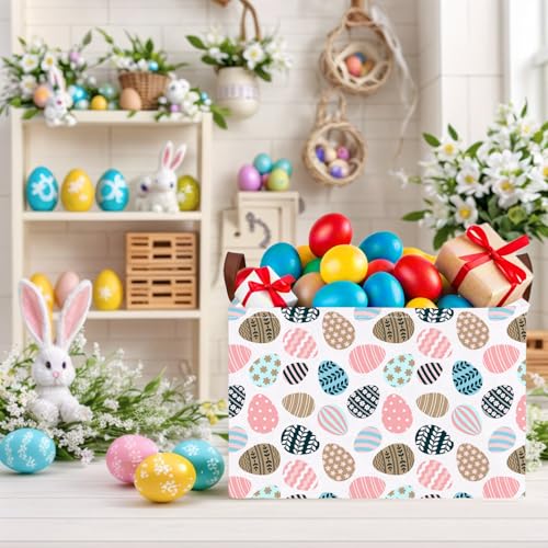 Image of Large Cute Easter Basket for Kid Empty Gift Baby Rectangle Storage Bin Bunny Eggs Boy&Girl Room Decor (Retro Art Easter Egg)