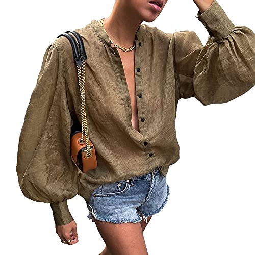 IyMoo Cute Summer Tops for Women - Womens Long Sleeve Button Down Shirt Flowy Puff Sleeve Top Cotton Linen Casual Blouse Loose Fit Beige
