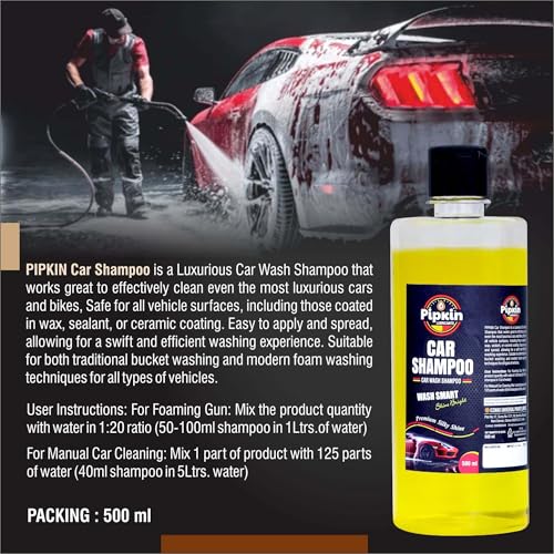 Image of Pipkin Car wash Shampoo 500 ml (Pack of 4) | High Foam for Deep Cleaning | Remove Tough Dirt | Safe on Paint | pH Neutral