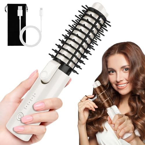 Image of Cordless Curling Iron Brush, Mini Travel Hot Straightener Comb Curl Brush, Rechargeable 4 Temps Cordless Wand Blush with 200 Million Negative Ions for Curls Straightening Styling (White)