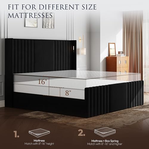 Image of King Size Bed Frame with 55.1 inch Tall Headboard, Velvet Upholstered Platform Bed with Channel Tufted Wingback, 2 Reading Lights /Storage Shelf /Charging Station /Easy Assembly /Noise-Free, Black