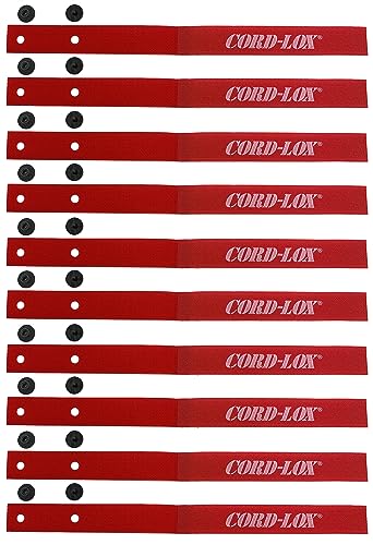 Cord-Lox Rivet Series Cable Ties - Reusable Hook and Loop Straps, Cable and Cord Management for Musicians, Pro Audio/Video Technicians, Fabricated in USA (Red, 12 x 1 Inch, 10 Pack)