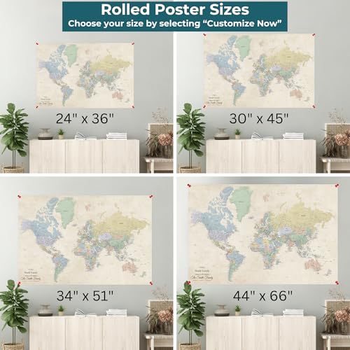 Image of Personalized Canvas Rolled Poster World Map Wall Art - Large 24 inch x 36 inch Sandy Dreams Map of the World - Push Pin Travel Decor for Home or Office