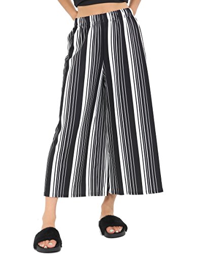 WEAR THE FASHION Womens Wide Stripes with Elasticated Waist Culottes Ladies 3/4 Length Floral Print Leg Flared Culottes