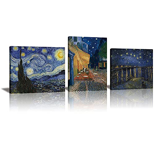 Sinsoledad Wall Art Set, Trilogy of Starry Nights by Van Gogh, The Starry Night 1889, Starry Night Over the Rhone, Cafe Terrace at Night, HD Giclee Canvas Prints Framed Ready to Hang, 16" x 20" x 3 Panels