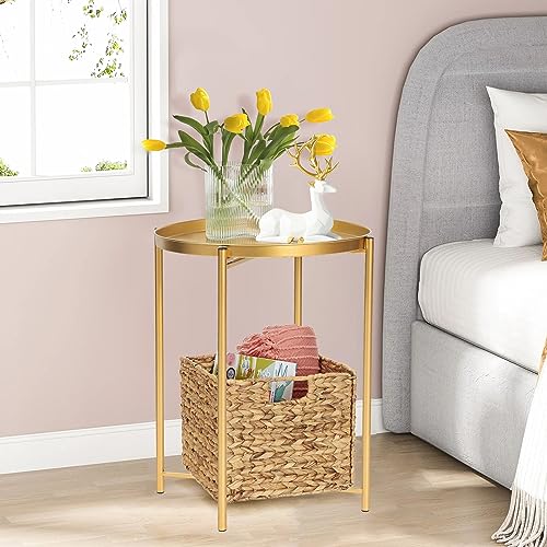 Joveco Round End Table, Folding Metal Side Table Small Coffee Table, Sofa Side Table With Removable Tray, Nightstand Accent Table For Living Room Bedroom Office (Gold) #TOP6