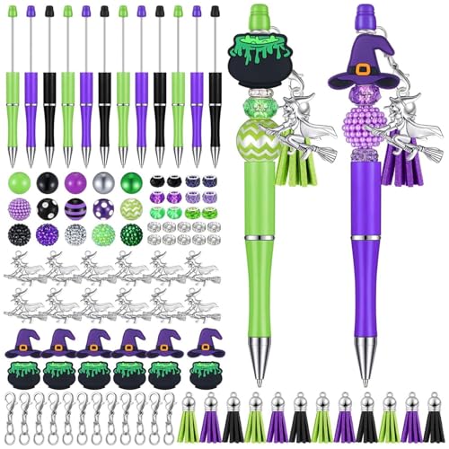 Stylos perdables Halloween avec perles breloques sorcière et pompons créatifs