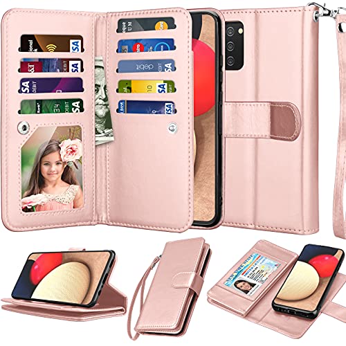 NJJEX Wallet Case for Samsung Galaxy A02S, for Galaxy A02S Case, [9 Card Slots] PU Leather Credit Holder Folio Flip [Detachable] Kickstand Magnetic Phone Cover & Lanyard for Samsung A02S [Rosegold]