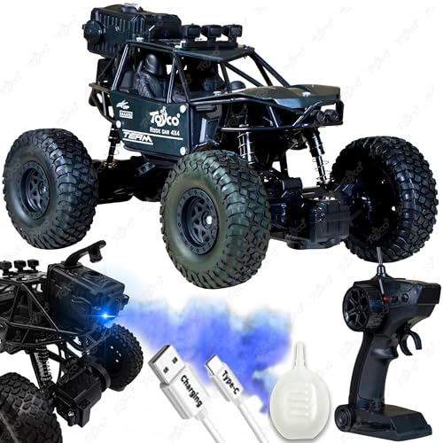 Image of toyco Alloy Rock Crawler - Rechargeable Remote Control Car Toy with LED Smoke Effect and Anti-Slip Tyres| 1:18 Scale | Off-Road RC 2WD Monster Truck Gift for Kids Boys and Girls Age 4-12+ (Black)