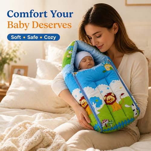 Image of 3-in-1 Baby Bed, Sleeping Bag & Carry Nest - Portable Cotton Bassinet for Newborns & Infants, Unisex Baby Bedding for Travel & Home, Soft & Breathable, 0M+ (P-Multi Colour Lion)