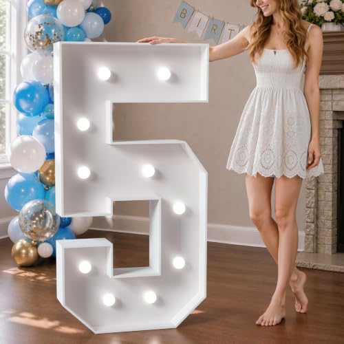 Image of Marquee Numbers 4 Feet Tall Big Light Up Numbers 5th 25th 50th Birthday Decorations Girl Boy Graduation Decorations 2025 White Anniversary Party Decor Large Cardboard Prop Backdrop Sign 5 | Cool White Light, Large Anniversary Party Decor, Big Stable Sign, Assembly Required, Foam Board 23 Pcs Accessory Set