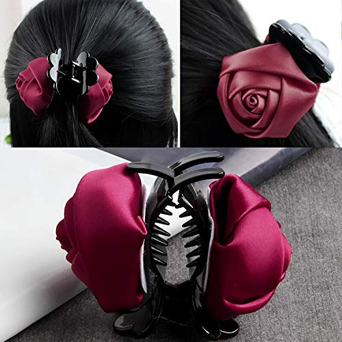 Image of Young & Forever Red Rose Fabric Flower Hair Claw Clip for Women & Girls | Large Glossy Black Acrylic Hair Catch Clutch for Thick & Long Hair | Elegant Floral Hair Accessory for Weddings, Parties & Everyday Wear