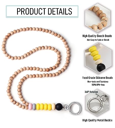 Image of Teacher Lanyard Lanyards for ID Badges Keys Women Wood Silicone Beaded Lanyard with ID Holder Work Jewelry