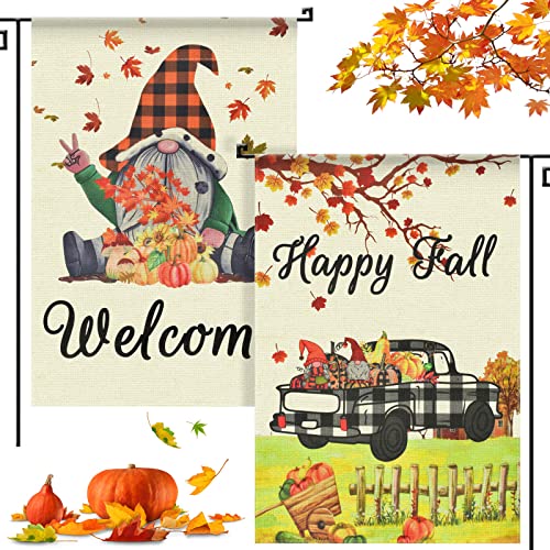 PACETAP 2 Stück Happy Fall Gartenflagge 31,5 x 45,7 cm, doppelseitig, Willkommens-Gartenflagge, Sackleinen, Büffelkaro, Zwerg, Ernte, Büffelkaro, Truck, Hofflagge für Outdoor-Dekoration (2 Truck) Cover