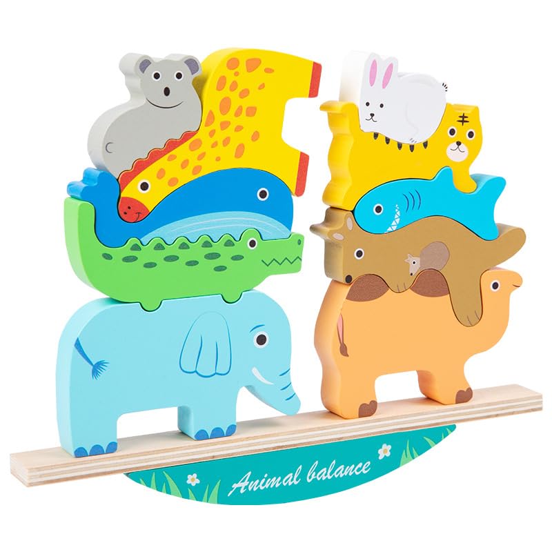 IFHDO Torre Animales de Madera Bloques apilables para Animales de Madera, Stacking Wooden Block Educational Toy Set for Toddlers, Juguetes Apilables de Madera y Tablero para Apilar Figuras