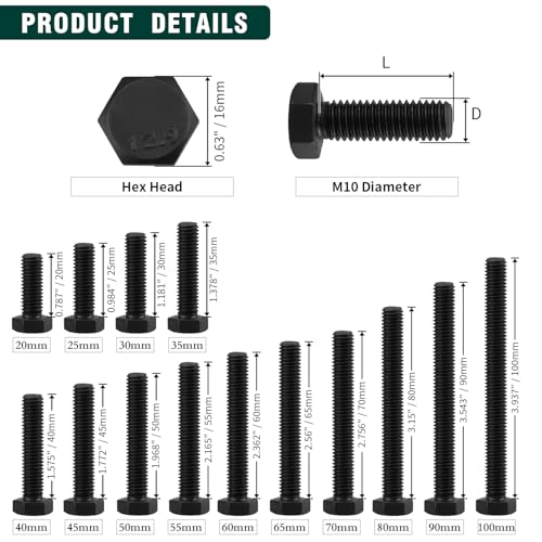 Image of M10-1.5 x 90mm Hex Bolts, 12.9 Grade Alloy Steel, Black Oxide Finish, Full Thread, Coarse Thread UNC, Hexagon Head Bolts 6 PCS